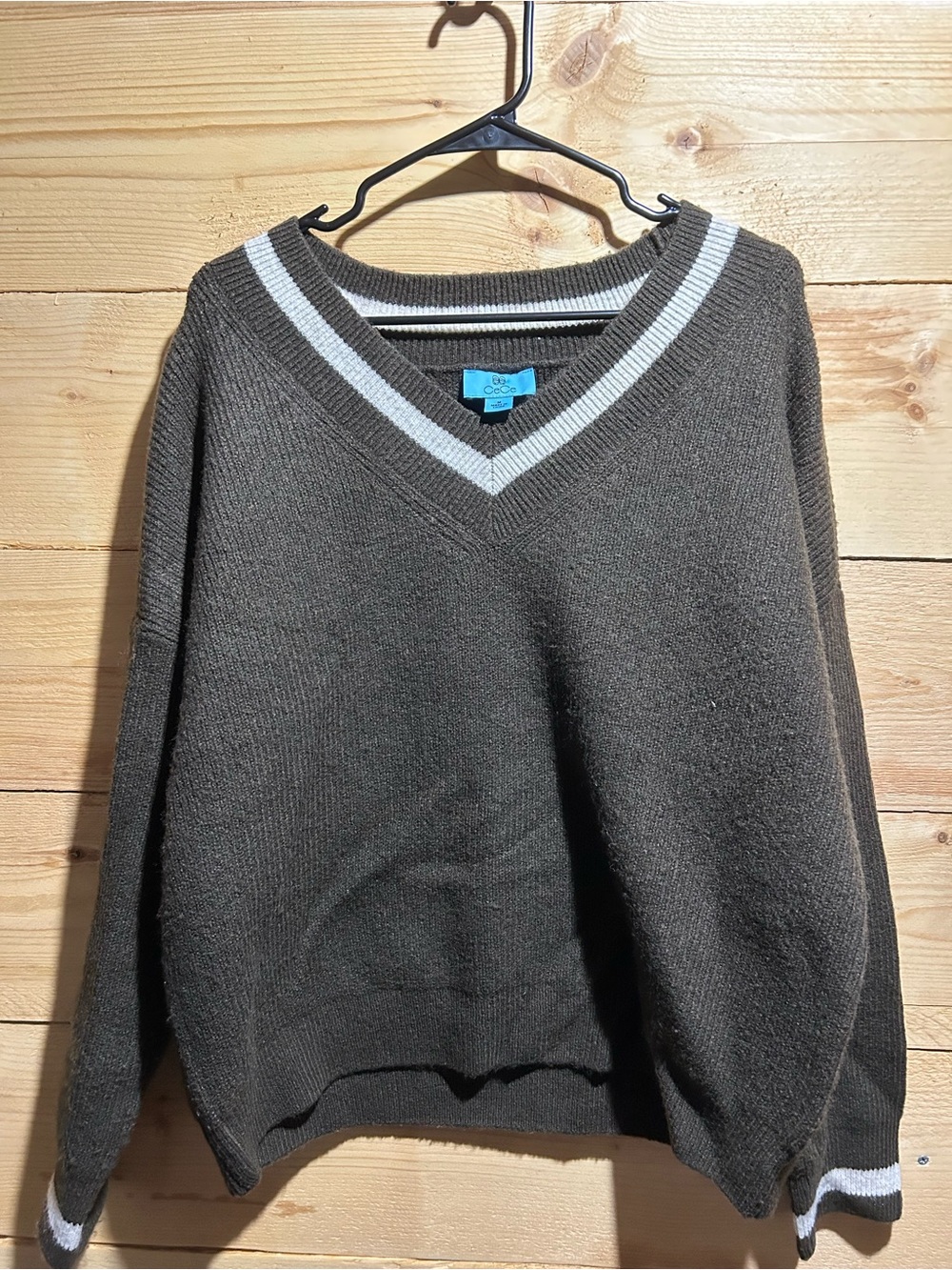 Women’s V-Neck Brown Sweater with Contrast Trim